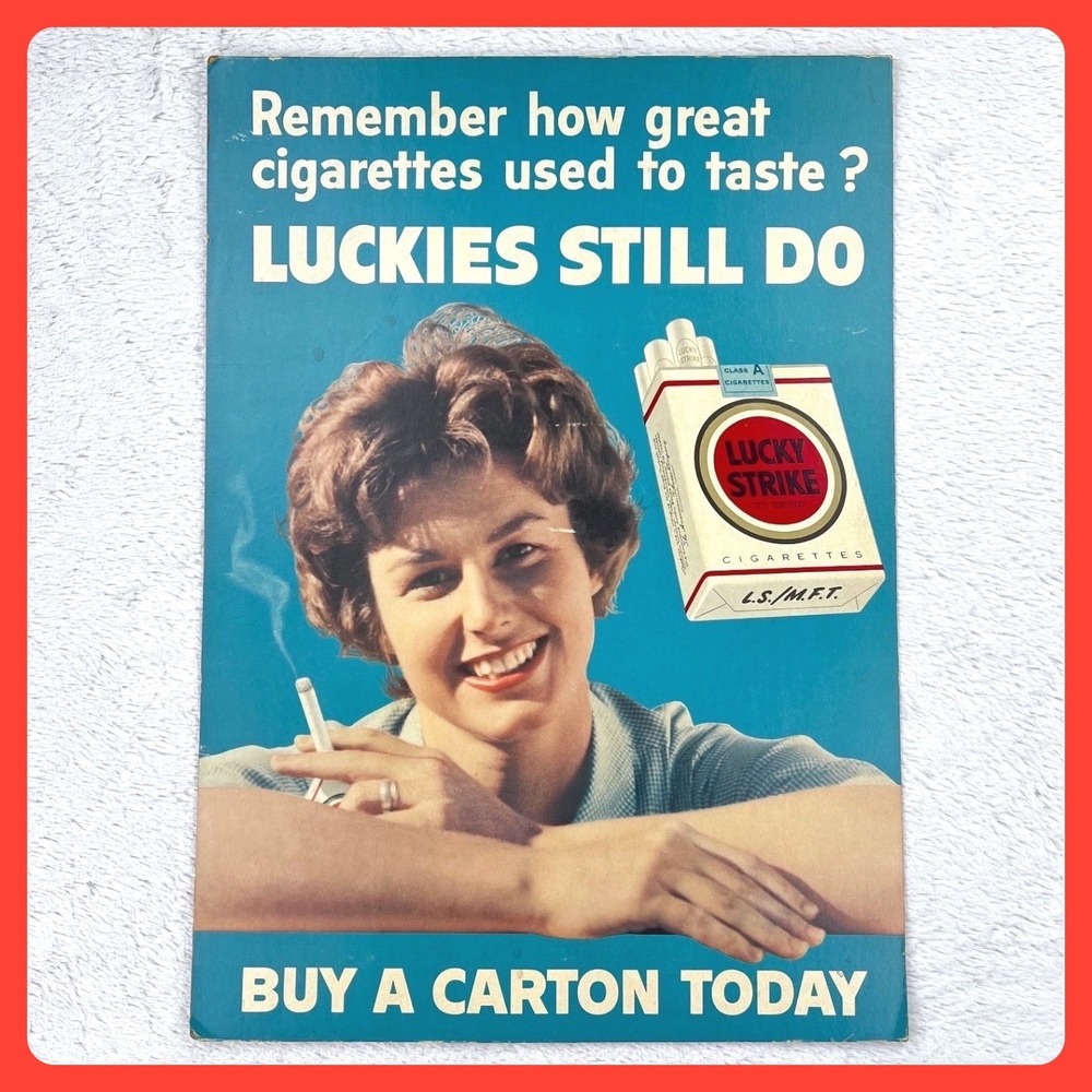 1950s Lucky Strike Cigarettes Countertop Display Sign Cardboard‎ 14"x20" USA